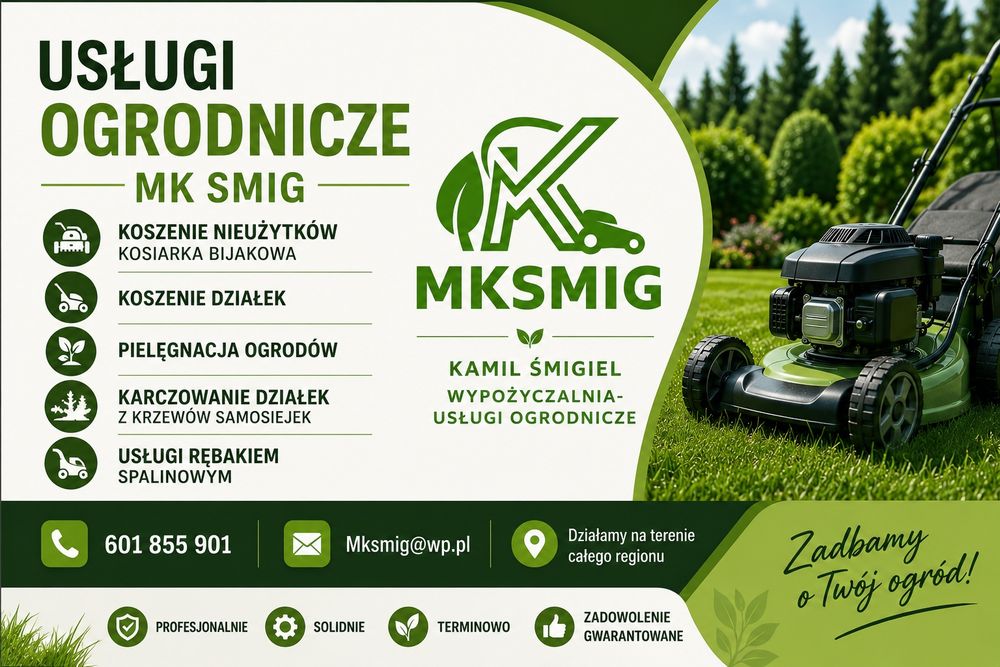 Koszenie traw karczowanie zarośli pielęgnacja ogrodów rozdrabnianie gałęzi