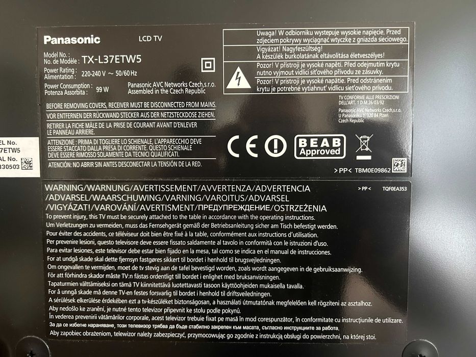 Panasonic Viera TX-L37ETW5, 37" 3D, Smart TV, Tuner SAT, LCD