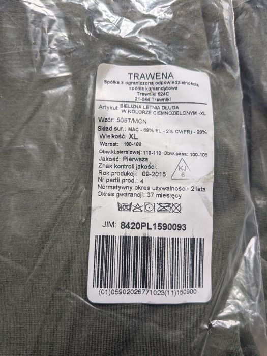 Bielizna wojskowa letnia na długi rękaw rozmiar Xl