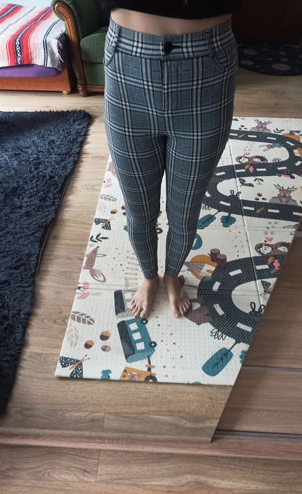 Spodnie/ legginsy/ jegginsy, w kratę, XS, wiskoza, szare/ czarne