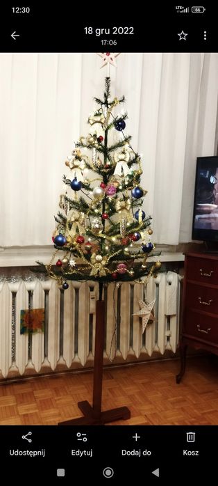 Choinka na drewnianym stojaku.