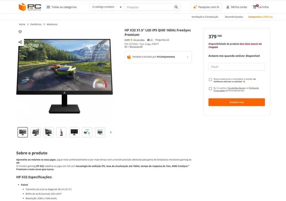 monitor gaming HP X32 - 32" QHD - IPS - 165HZ