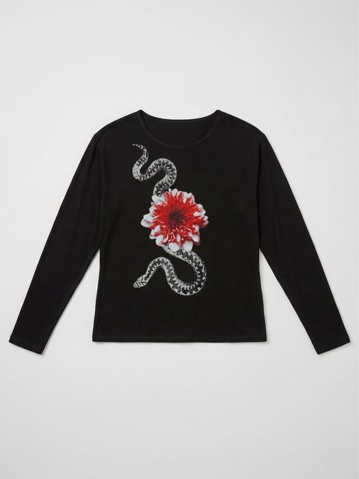 Czarna bluzka długi rękaw longsleeve z wężem i czerwonym kwiatem
