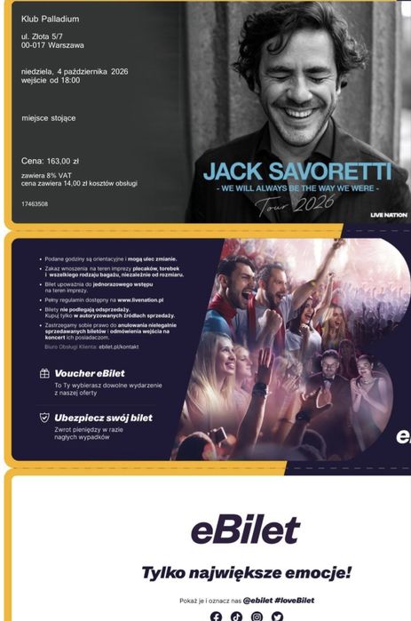 Bilety na koncert Jack Savoretti- 3 szt.