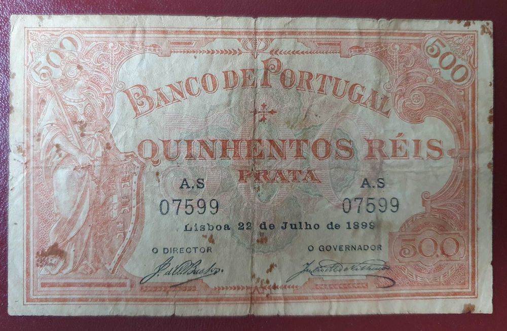 Nota de 500 Réis do Banco de Portugal 1899 - RARA