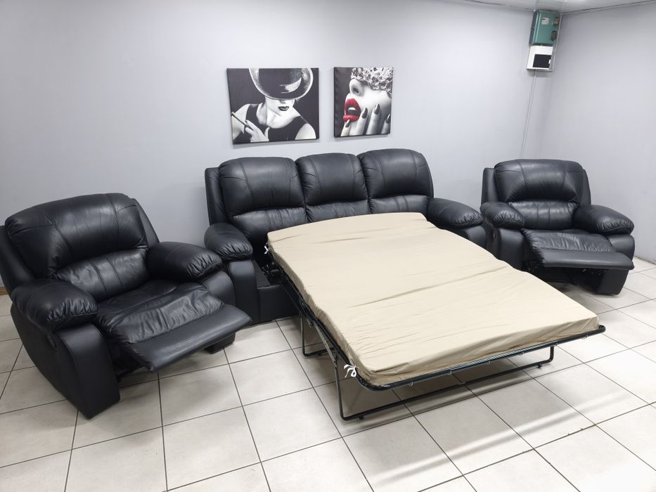 Шкіряний розкладний комплект 3+1+1! Реклайнер, розкладний диван