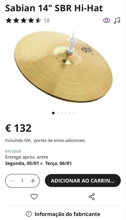 Sabian SBR Hi Hat 14” e Crash 16” COMO NOVOS