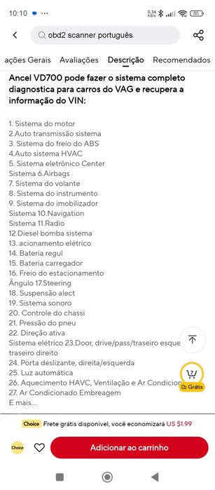 Interface de diagnóstico automóvel ANCEL Vd700 VW AUDI Skoda Seat NOVO