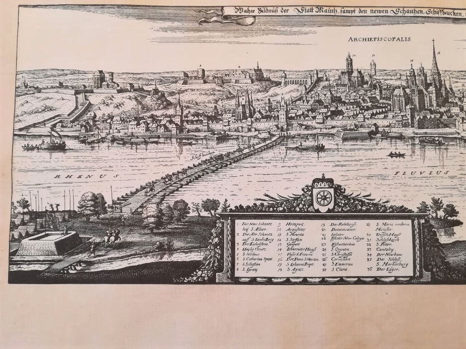 Gravura Mapa Cidade de Mainz - Matthias Merian 1633-(Reprodução 1927)
