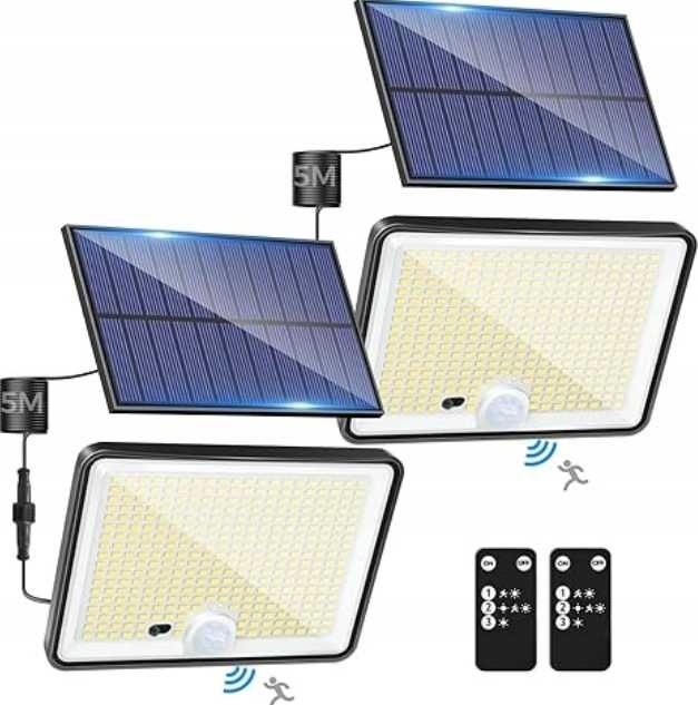 Zestaw 2 Lamp Solarnych LED z Czujnikiem Ruchu i Pilotem IP65 3-Tryby