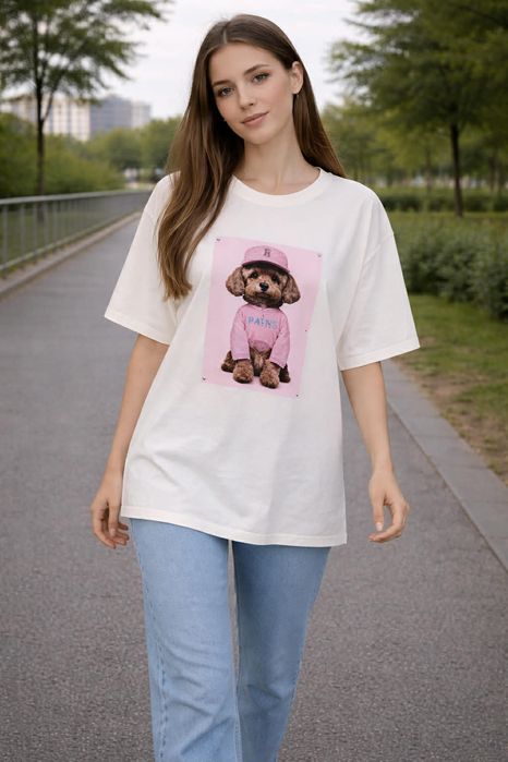 Koszulka damska oversize T-shirt biały z nadrukiem piesek Paris luźna
