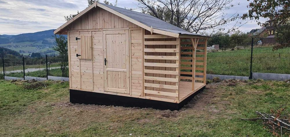 Domek ogrodowy drewniany 3×3 m z drewutnią 1×3 m Drewutnia Szopa 12m2