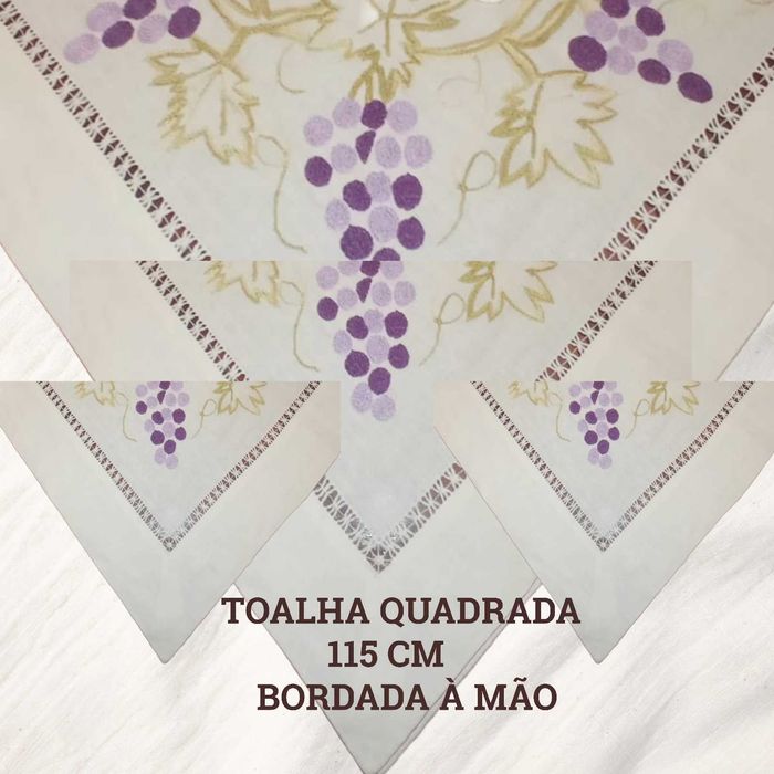 Toalha Uvas Bordada à Mão  com bainha aberta 115 cm quadrada