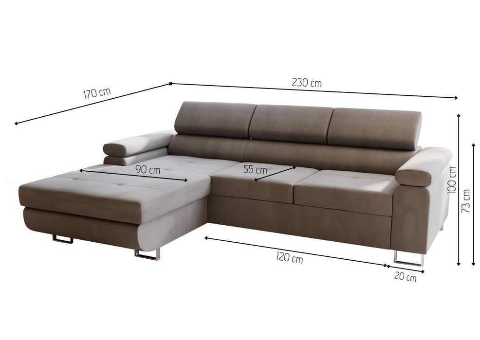 Narożnik LIVIO MINI 230 cm regulowane zagłówki funkcja spania