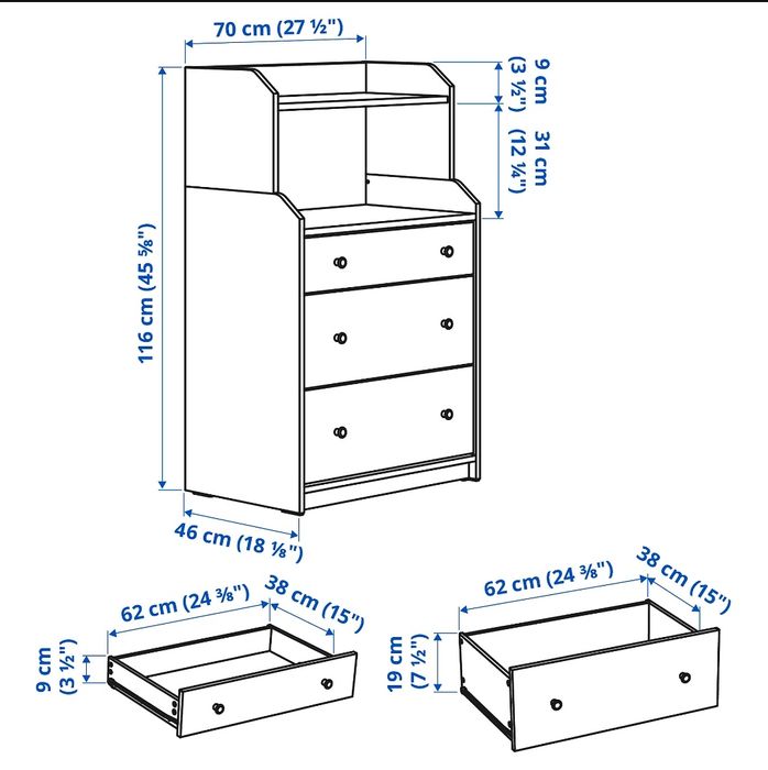 Cómoda Hauga (IKEA) 3 gavetas c/prateleira, branco, 70x116 cm