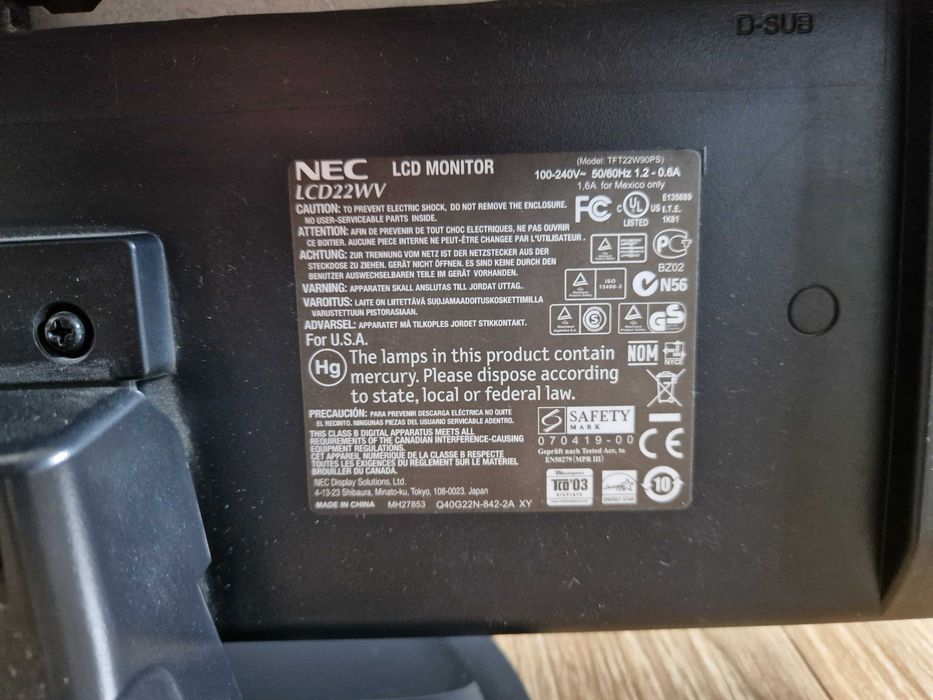Monitor NEC LCD22WV 22" – W pełni sprawny, ładny stan + kable!