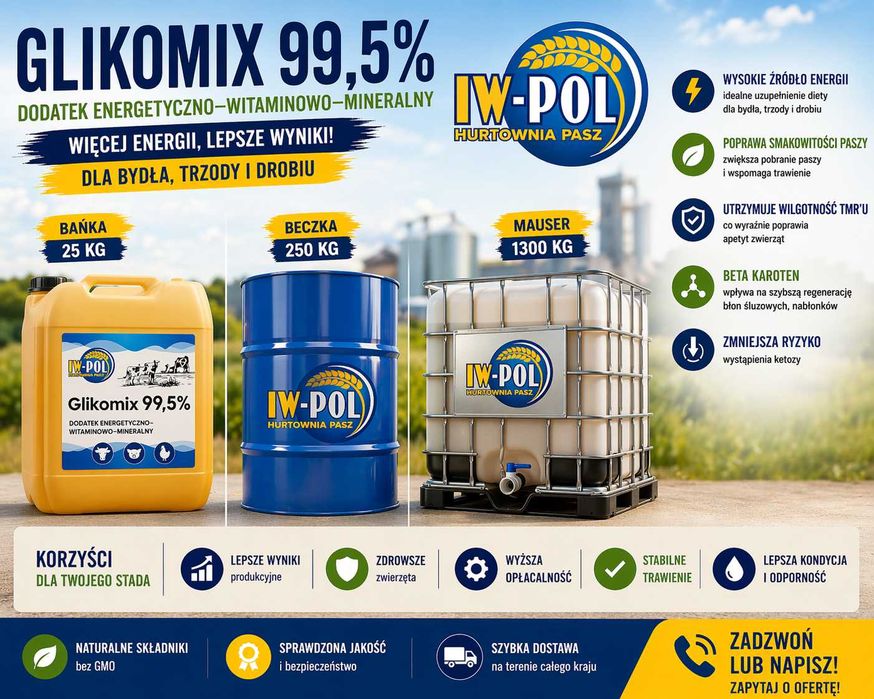 Glikomix 99,5 energia z betakarotenem dla krów - 250kg (beczka)