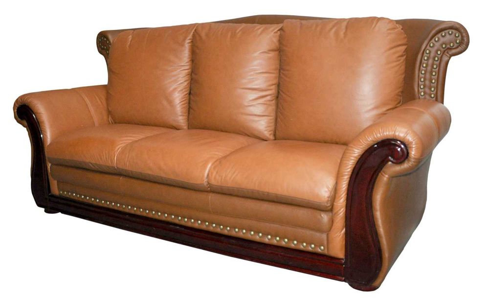 Skórzana Sofa 3-os. Powystawowa z Drewnianymi Elementami Lakierowanymi