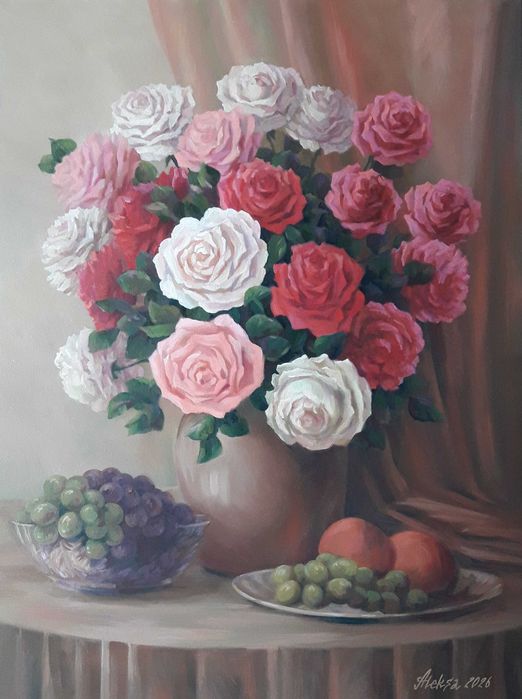 Картина маслом "Розы и фрукты"
