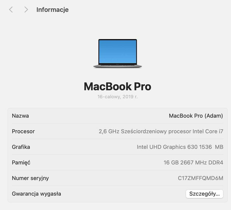 MacBook Pro 16" i7 2.6GHz, Radeon 4GB, SSD 512GB, 16GB RAM jak nowy