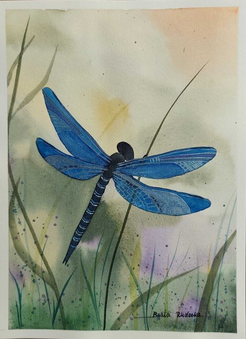 Oryginalny Obraz Akwarela – Niebieska Ważka (Rękodzieło) | 19x26 cm
