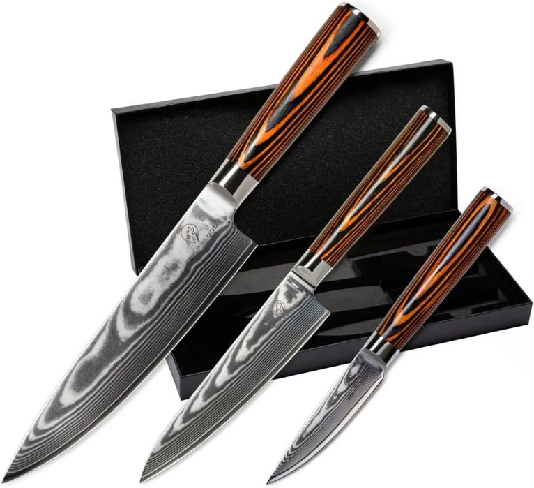 Набір кухоних ножів 3 шт дамаська сталь VG10 деревяна ручка в коробці