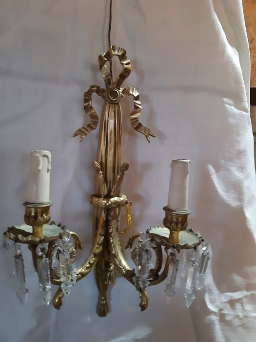 2 kinkiety, duże, mosiężne z  kryształami