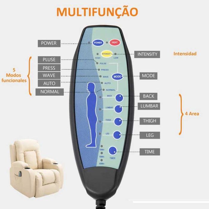 Sofá de Massagem Reclinável até 150° Bege