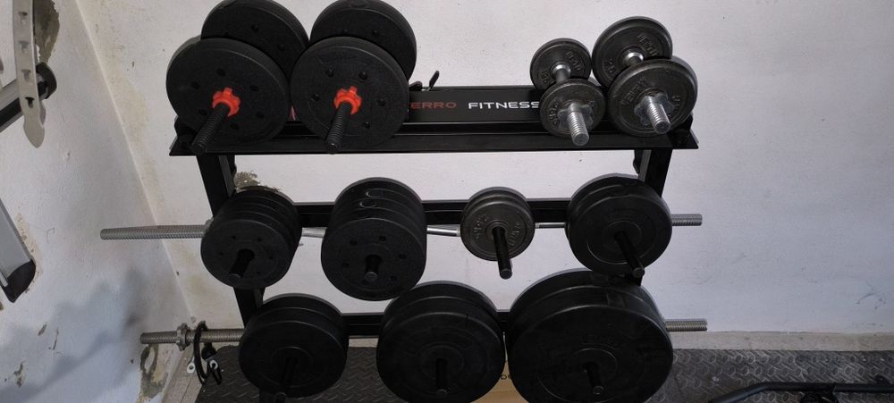 Vendo rack com vários discos de pesos e 4 halteres