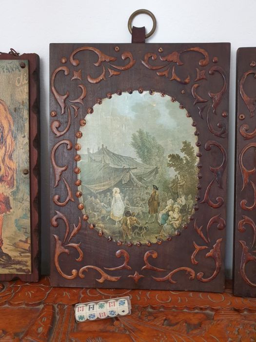 Quadros antigos paisagem madeira ferro couro dados poker