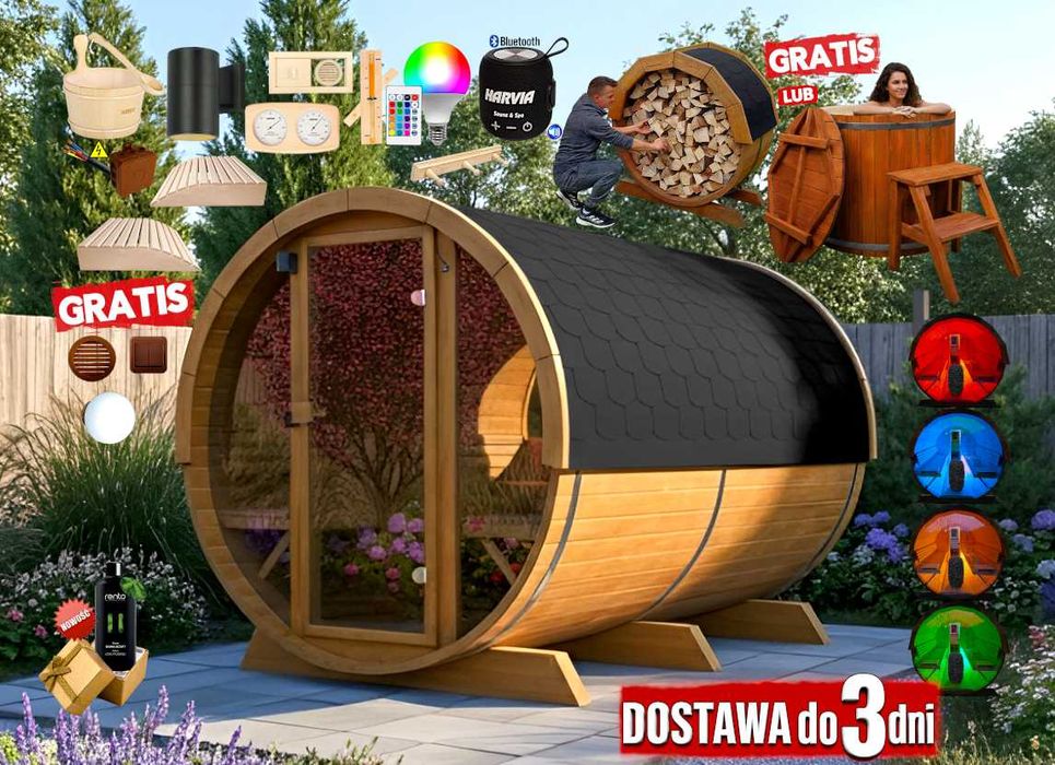 SAUNA Ogrodowa 250 cm PRZÓD / TYŁ 2x OKNO 100% Panoramiczne Przeszklona +GRATIS Beczka / Wiata + Akcesoria
