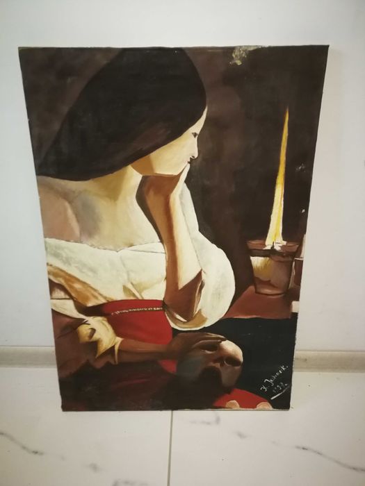 Ręcznie malowany obraz – Kobieta przy świecy z czaszką | 71 x 50 cm