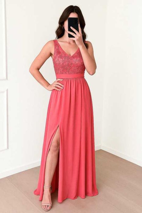 Sukienka maxi bez rękawów rozporek koronkowa góra S | classy elegance