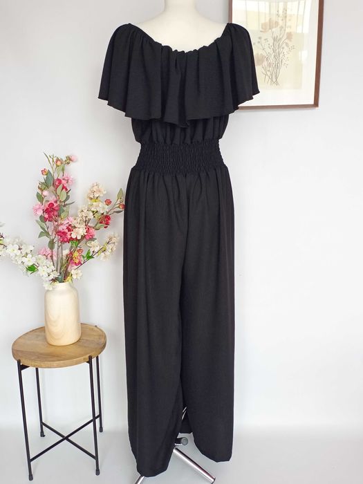 Czarny elegancki kombinezon hiszpanka plus size 46 48 maxi wiskoza Italy Moda