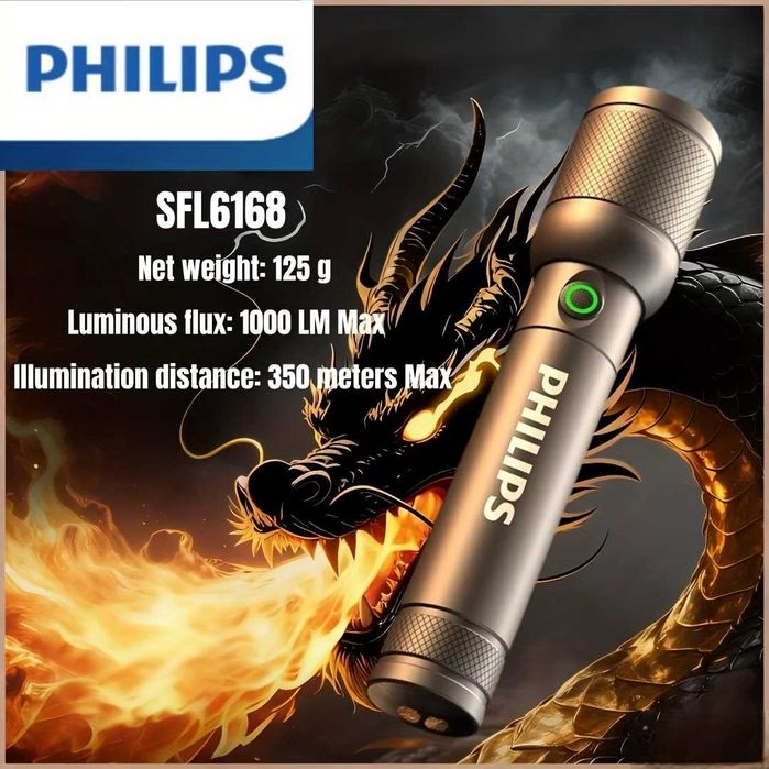 НОВІ Ліхтарики акумуляторні Philips - Моделі SFL6168 / SFL8168 — оптичний зум, алюмінієвий корпус, IP44, USB-C зарядка, SOS / До 10 годин роботи