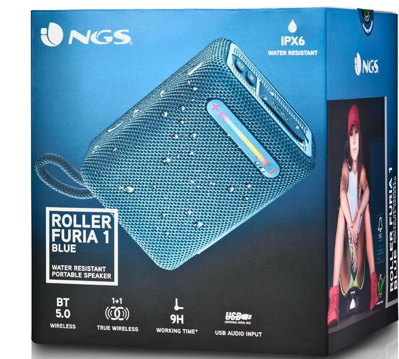 NGS Roller Furia 1 Blue - Altifalante portátil compatível com tecnologia Bluetooth, luzes RGB, impermeabilidade IPX6, 15 W, True Wireless, USB