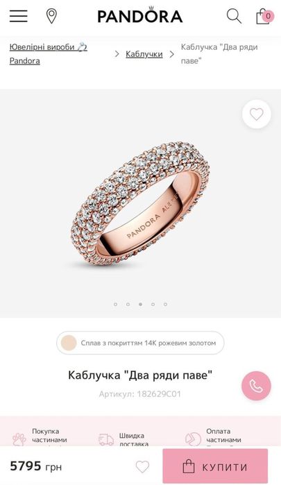 Каблучка Pandora 54 розмір 17.2мм