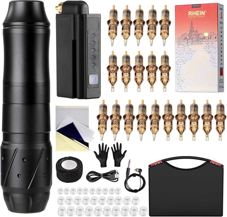 Kit Tatuagem Tattoo Máquina Rotativa Bateria Mala Agulhas Acessórios