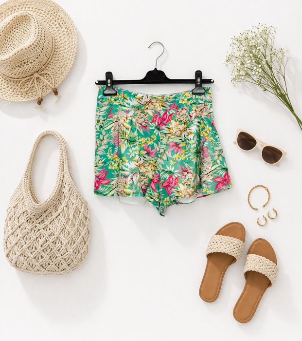 Turkusowe szorty w kwiaty z wysokim stanem XS 34