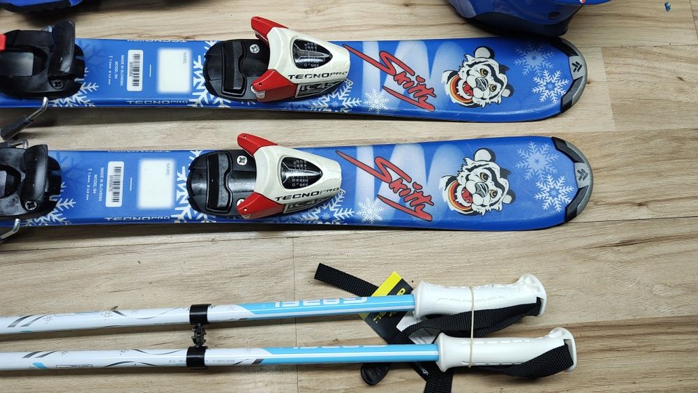 Komplet Junior Narty 80 cm TecnoPro Buty r 27 Kijki Kask Gogle