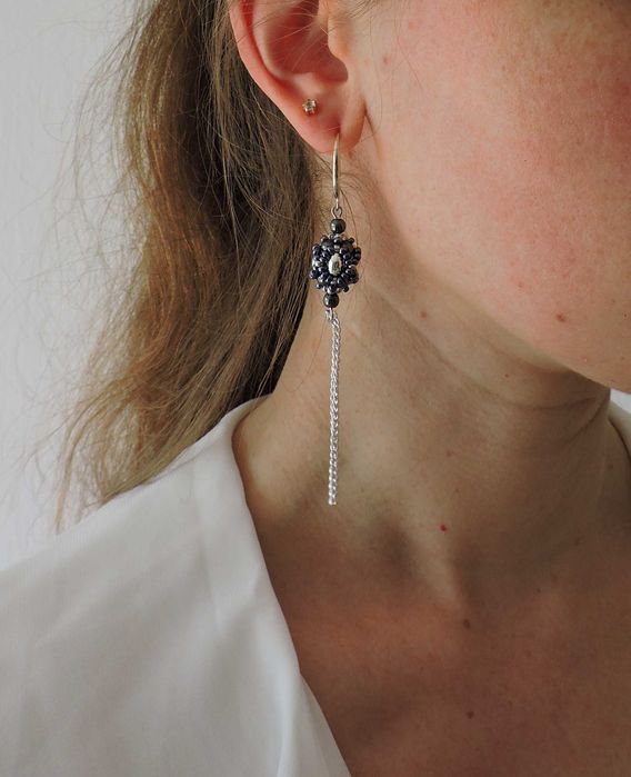 Сережки кульки з ланцюжком сріблясті довгі сережки ручна робота