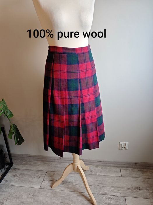 Szkocka spódnica wełniana pure wool w kratę czerwona vintage lata 80