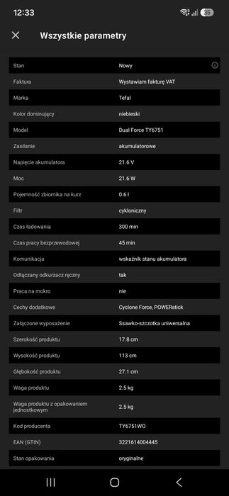 Odkurzacz Pionowy TEFAL  gwarancja