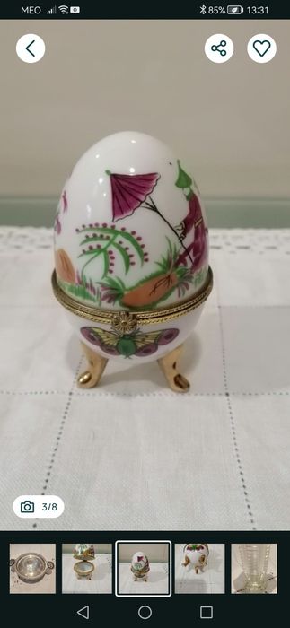 Taça estanho do mexico + Ovo de porcelana pintado mão + jarra vidro antiga