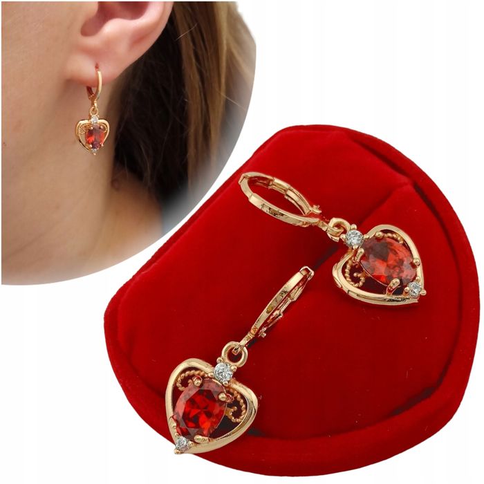 Złote Kolczyki Serca Elipsa W Cyrkoniach Wiszące  Czerwone K1753