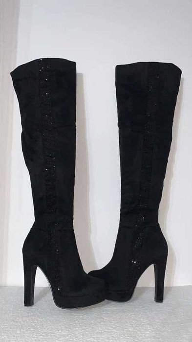 sexy czarne kozaki platforma diamenciki cyrkonie 38