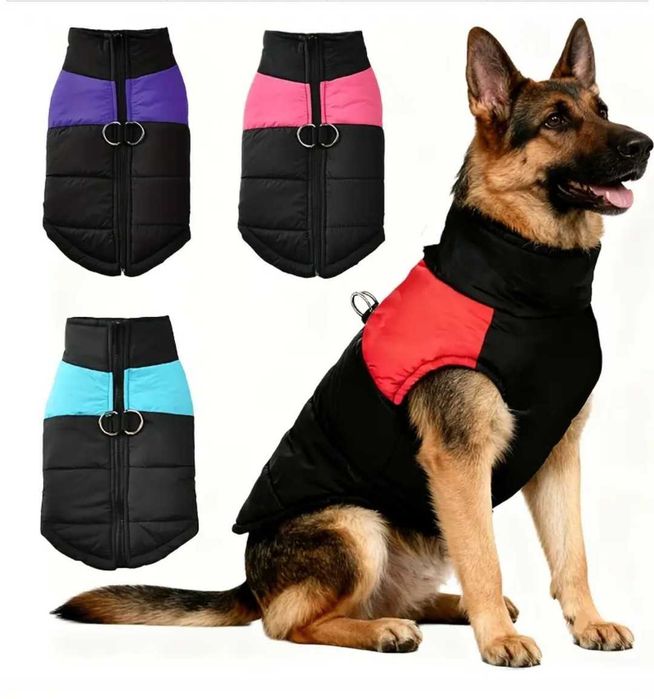 Casaco quente preto e rosa para cão grande