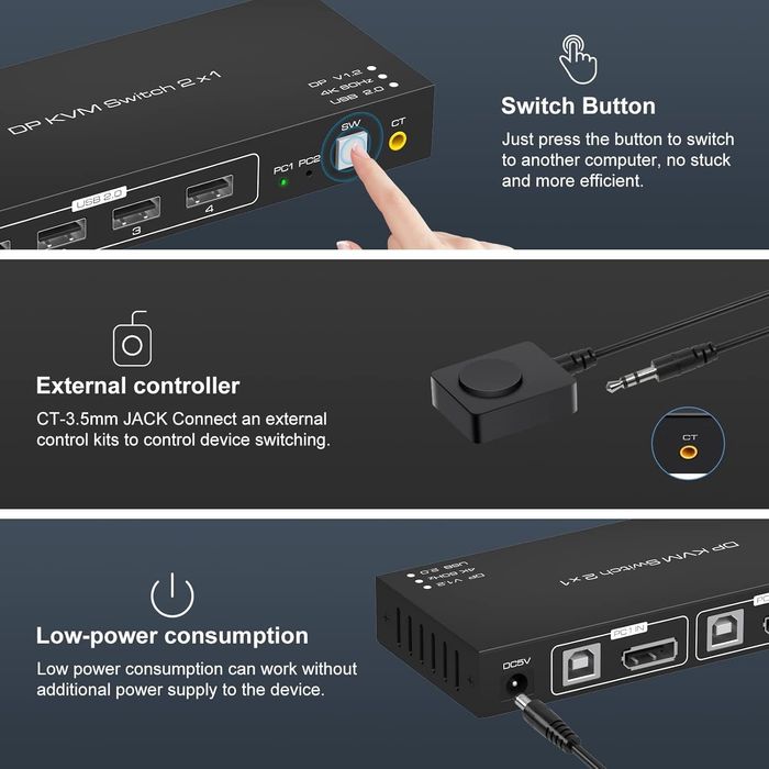 Przełącznik KVM TJCXELE 4K60Hz 2 PC 1 Monitor z USB 2.0