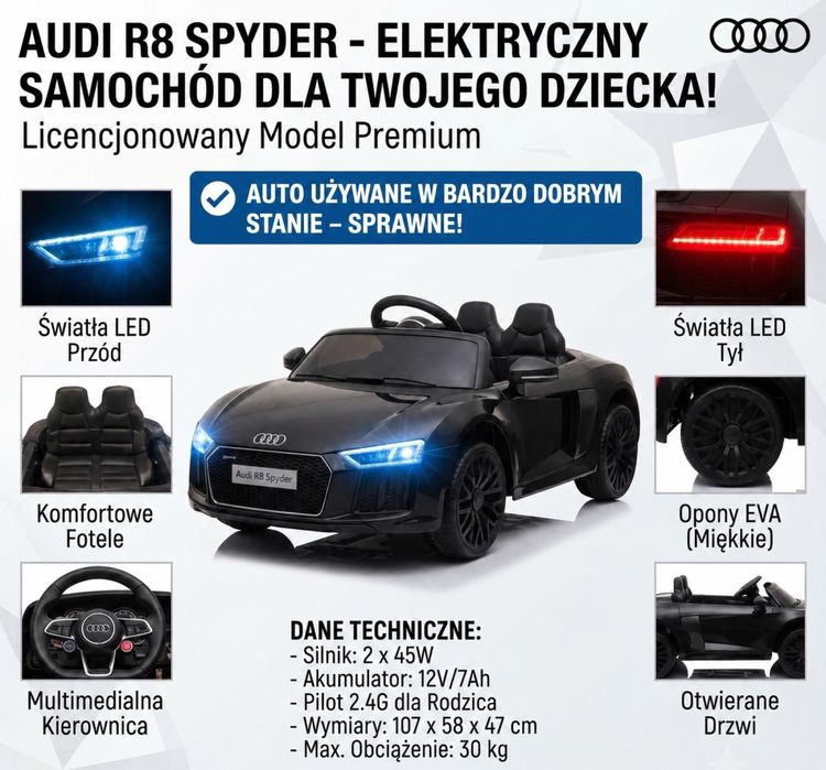 Auto na akumulator Audi R8 Spyder – pilot, kluczyk, otwierane drzwi