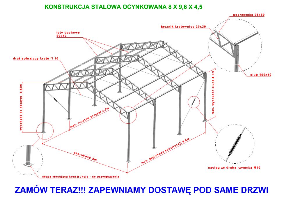 Konstrukcja 8x10 stalowa ocynkowana magazyn hala wiata garaż warszta